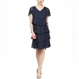 SLNY Polka-Dot Tiered Shift Dress Size 14 Navy
